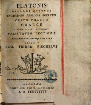 Platonis Dialogi Qvatvor Evthyphro Apologia Socratis Crito Phaedo Graece : Graece
