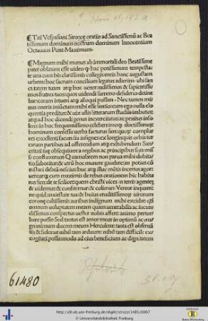 Titi Vespasiani Strozcᶒ oratio ad...Innocentium Octavum...