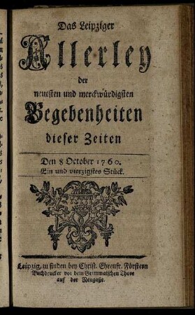Den 8 October 1760. Ein und vierzigstes Stück.