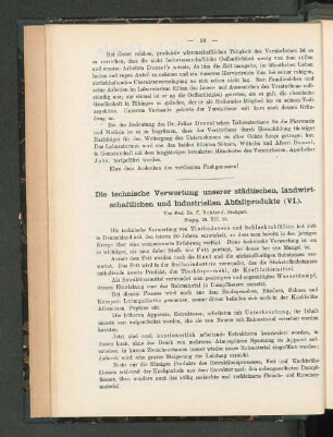 Die technische Verwertung unserer städtischen, landwirtschaftlichen und industriellen Abfallprodukte (VI.).