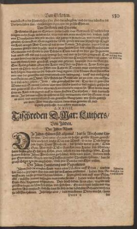 LXXIIII. Tischreden D. Mar: Luthers/ Von Jüden.