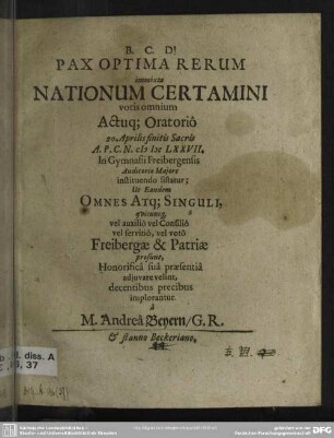Pax optima rerum immixta nationum certamini votis omnium