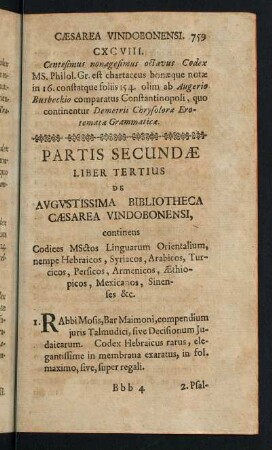 759-808, Partis Secundae Liber Tertius de Augustissima Bibliotheca Caesarea Vindobonensi