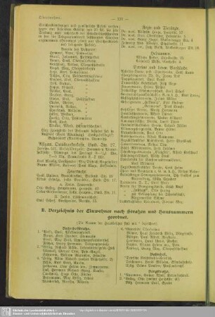 B. Häuserbuch : B. Verzeichnis der Einwohner nach Straßen und Hausnummern geordnet.
