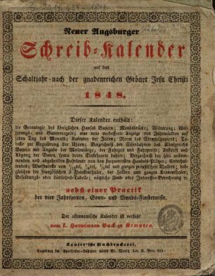 Neuer Augsburger Schreib-Kalender : auf das ... nach der gnadenreichen Geburt Jesu Christi. 1848