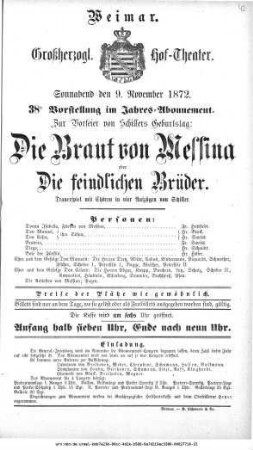 Die Braut von Messina oder Die feindlichen Brüder