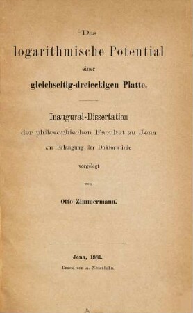 Das logarithmische Potential einer gleichseitig-dreieckigen Platte : Inaug. Diss.