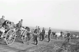 Zweiter Weltkrieg. Frontbilder. Sowjetunion. Troß der deutschen Wehrmacht mit Reiter und Pferdefuhrwerken