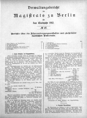 No. 27. Berichte über die Alterversorgungsanstalten und Hospitäler städtischen Patronats