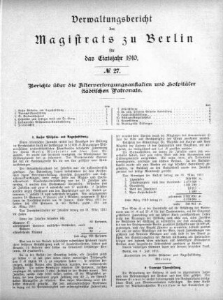 No. 27. Berichte über die Alterversorgungsanstalten und Hospitäler städtischen Patronats