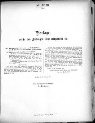 Anlage: ad No.10 (65.), Vorlage, welche den Zeitungen nicht mitgeteilt ist