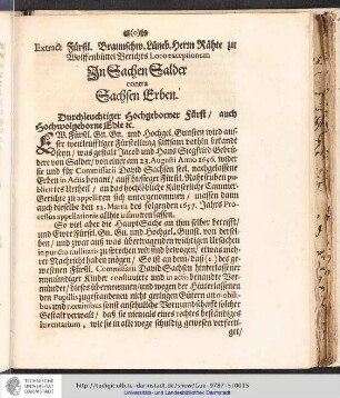 Extract Frstl. Braunschw. Lüneb. Herzn Rähte zu Wolffenbüttel Berichts Loco exceptionum In Sachen Salder contra Sachsen Erben