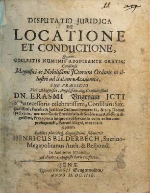Disputatio Juridica De Locatione Et Conductione