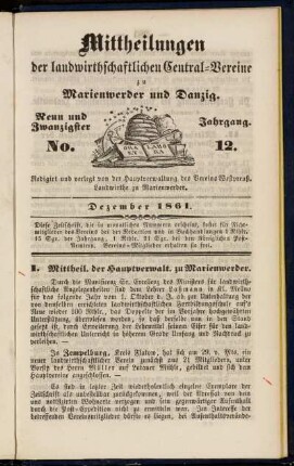 Neun und Zwanzigster Jahrgang. No. 12. Dezember 1861.
