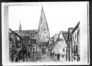 Dunkle Straße I : Bühnenbilder zu Barlachs Drama "Der blaue Boll". Dunkle Straße I. Kohlezeichnung; 22,4 x 28,2 cm (1926; E. Barlach). Güstrow, Heidberg 15. Atelier des Bildhauers