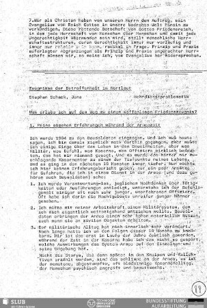 Was erlebe ich auf dem Weg zu einem waffenlosen Friedenszeugnis? : Zeugnis der Betroffenheit im Wortlaut