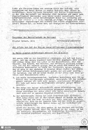 Was erlebe ich auf dem Weg zu einem waffenlosen Friedenszeugnis? : Zeugnis der Betroffenheit im Wortlaut
