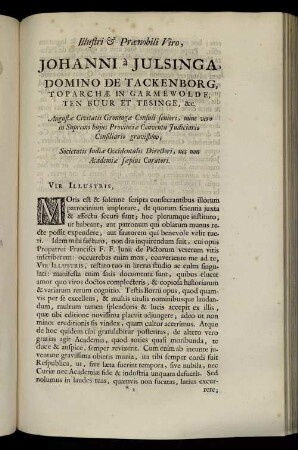 Illustri &Prænobili Viro, Johanni à Julsinga, Domino De Tackenborg, Toparchæ In Garmewolde, Ten Buur Et Tesinge, &c.