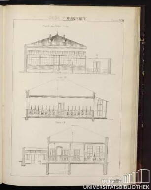 Planche No. 34 Crèche S.te Marguerite. Façade sur Jardin (1/000), coupe AB, coupe CD