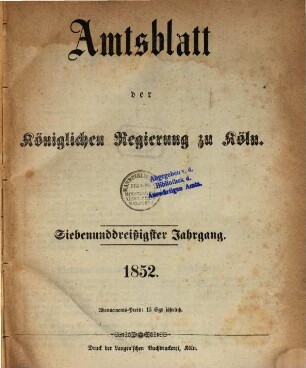 Amtsblatt für den Regierungsbezirk Köln. 1852, 1852