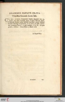 Ioannes Pavlvs Oliva, Præpositus Generalis Societ. Iesu