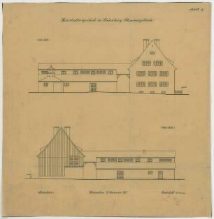 Fischer, Theodor; Lindenberg / Allgäu (Bayern); Haushaltungsschule mit Ökonomiegebäude und Kapelle - Ökonomiegebäude Ost - u. Westseite (Ansichten)