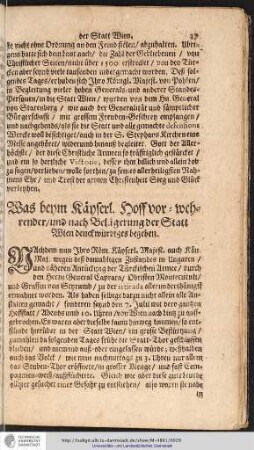 Was beym Käyserl. Hoff vor-wehrender/und nach Belägerung der Statt Wien deuckwiirdiges begeben.