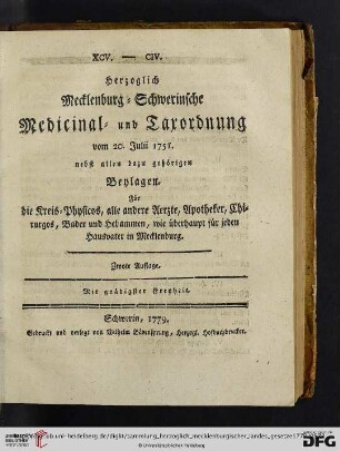 Herzoglich Mecklenburg-Schwerinsche Medicinal- und Taxordnung vom 20. Julii 1751
