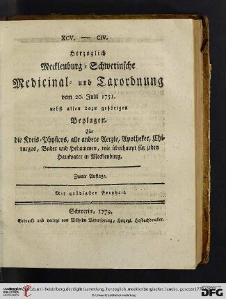 Herzoglich Mecklenburg-Schwerinsche Medicinal- und Taxordnung vom 20. Julii 1751