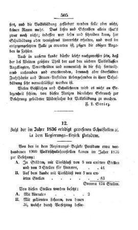 Zahl der im Jahre 1836 erledigt gewesenen Schulstellen etc. in dem Regierungs-Bezirk Potsdam