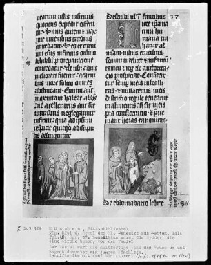 Regel des heiligen Benedikt — Zwei Miniaturen zu der Legende des heiligen Benedikt, Folio 28recto