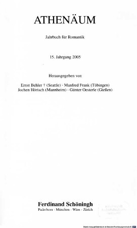 Athenäum : Jahrbuch der Friedrich Schlegel-Gesellschaft, 15. 2005