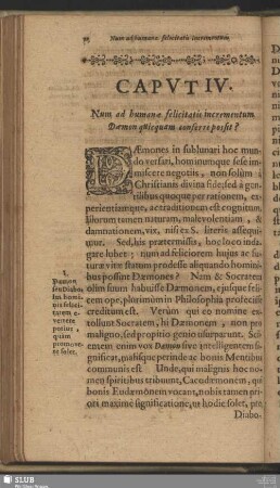Caput IV. Num ad humanae felicitatis incrementum Daemon quicquam conferre possit?