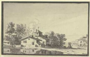Bauernhof, von Bäumen umgeben, am Ufer eines Teiches