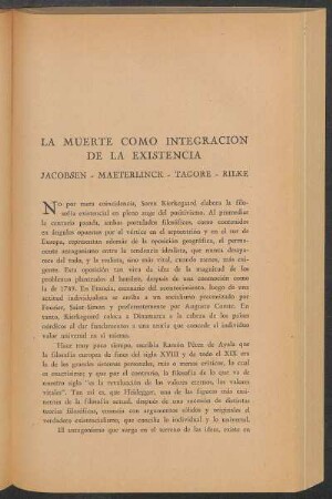 La muerte como integración de la existencia : Jacobsen - Maeterlinck - Tagore - Rilke