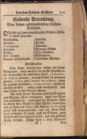 Siebende Betrachtung, Von denen gebräuchlichsten Küchen-Früchten