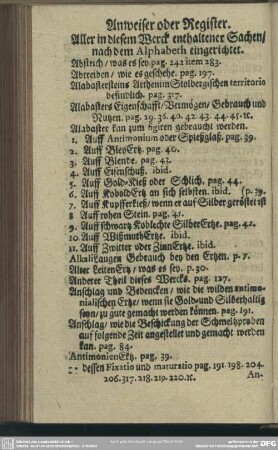 Anweiser oder Register. Aller in diesem Werck enthaltener Sachen, nach dem Alphabeth eingerichtet