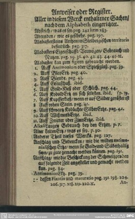 Anweiser oder Register. Aller in diesem Werck enthaltener Sachen, nach dem Alphabeth eingerichtet