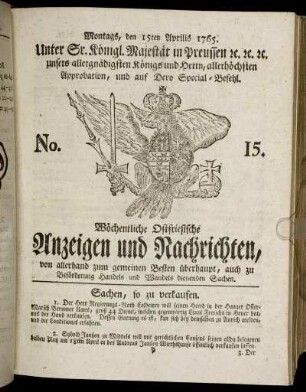 No. 15. Montags, den 15ten Aprilis 1765.