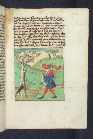 Die auf den Baum geflohene Katze, die Maus verschwindet in ihr Loch und der Jäger, der sein Netz einrollt; (Kapitel VIII: Von der Katze und der Maus).