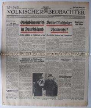 Tageszeitung "Völkischer Beobachter" u.a. über den Staatsbesuch des jugoslawischen Ministerpräsidenten Stojadinowitsch