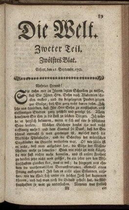Zwölftes Blat. Erfurt, den 22. Septembr. 1753.