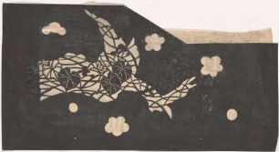Katagami - Ast mit Malvenblättern und Gras umgeben von Pflaumenblüten