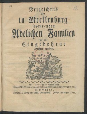 Verzeichnis der in Mecklenburg florirenden Adelichen Familien die für Eingebohrne geachtet werden