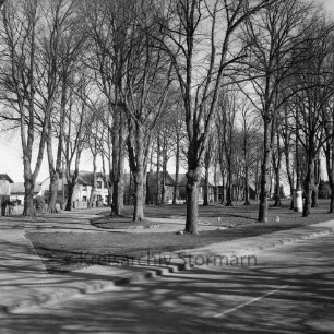Dorfanger mit Lindenallee: im Vordergrund Kirchenstraße: rechts Litfaßsäule: im Hintergrund Häuser