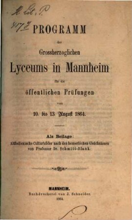 Programm des Grossherzoglichen Lyceums zu Mannheim, 1864