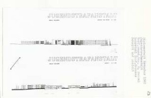 Jugendstrafanstalt, Berlin-Ruhleben (Diplomarbeit bei Bernhard Hermkes): Ansicht von Osten und Schnitt 1:200