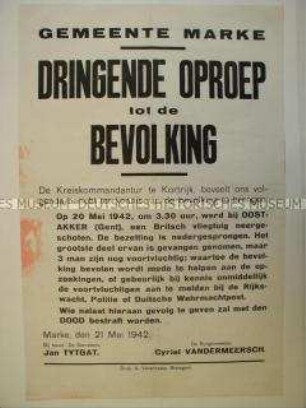 Maueranschlag aus dem besetzten Belgien zur Suche nach der Besatzung eines abgeschossenen englischen Flugzeuges