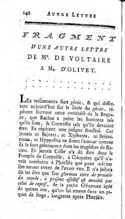 Fragment d'une autre lettre de Mr. de Voltaire