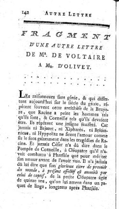 Fragment d'une autre lettre de Mr. de Voltaire